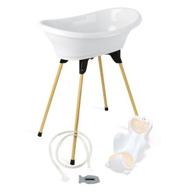 THERMOBABY - Pack Baignoire Bébé VASCO 5 En 1 - Baignoire, Pied En Bois, Tuyau De Vidange, Transat De Bain, Thermomètre - Blanc Muguet - Pliable & Stable - Fabriqué En France