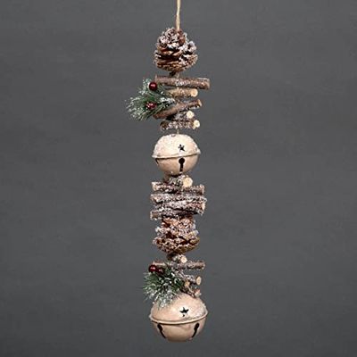 SHATCHI 50cm Garland with Cream Jingle Bells Wooden Sticks, Berries and Pinecones Christmas Home Wall Door Hanger Sleigh Bells Xmas Holiday Hanging Decorations