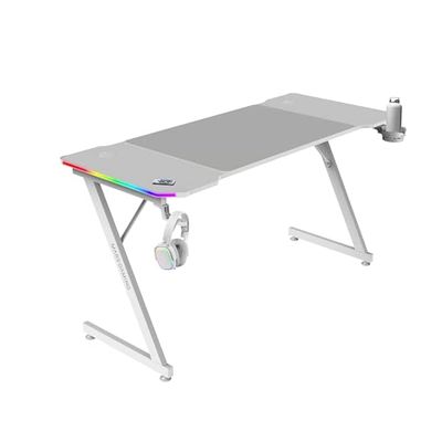 Mars Gaming MGD-X140RGB, Ergonomische Gamingtafel, ARGB-Verlichting met Afstandsbediening, Carbonfiber Oppervlak, XXL-Muismat, Hoofdtelefoon en Bekerhouder, Kabelbeheer, Gaming Bureau 140x60cm, Wit