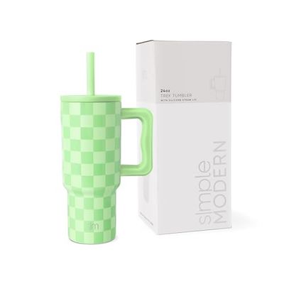 Simple Modern Kids 24 oz Tumbler with Handle and Silicone Straw Lid | Spill Proof and Leak Resistant | Reusable Stainless Steel Cup | Gift for Kids Boys Girls | Trek | 710ml | Lime Checkmate