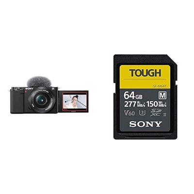 Sony Alpha ZV-E10 - Kit Vlog Camera ad Ottiche Intercambiabili + Obiettivo 16-50mm, APS-C + Scheda SD 64GB SFM64T
