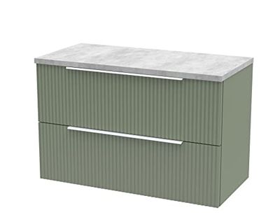 Hudson Reed DFF895LBG Fluted Modern Bathroom Wall Hung 2 Drawer Vanity Unit with Bellato Grey Laminate Worktop, 800mm, Satin Green