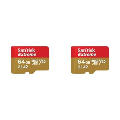 SanDisk Extreme microSDXC card plus SD adapter plus RescuePRO Deluxe, up to 170 mB/s, with A2 App Performance, UHS-I, Class, 10, U3, V30, Yellow, 64GB (Pack of 2)