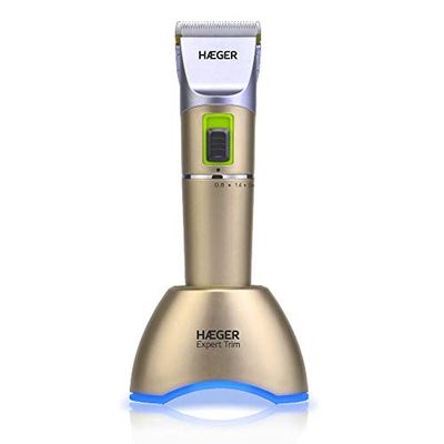 HAEGER EXPERT TRIM Professional Hair Clipper, Rechargeable, Corded or Cordless, 2 Speeds, Base with Blue LED Light, 360° Rotating Charging Position, High Capacity Lithium Battery and Performance