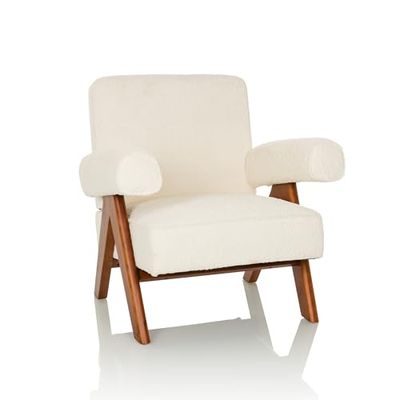 hjh LIVING Fauteuil rembourré Confortable POOLY Tissu Teddy, Fauteuil Lounge rétro avec Structure en Bois, Chaise élégante, Blanc