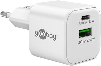 goobay 65865 USB C Dual snellader Nano PD (20W) / QC USB-A (18W) / USB C oplader voor Samsung, iPhone, iPad, MacBook, oplaadstekker, oplaadadapter voor stopcontact, voeding voor oplaadkabel, wit