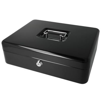 Westcott Caja de efectivo con cerradura (grande, 30 cm) negra | Caja con cerradura de chapa de acero con 2 llaves | Inserto extraíble para monedas con 5 compartimentos | E-51002 BLACK