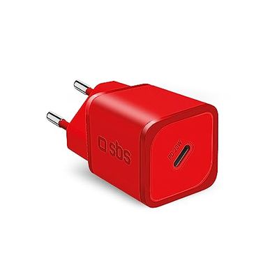 SBS Caricabatterie Portatile per Samsung, iPhone, Xiaomi, Oppo, Caricatore Gan rapido da 20W per Smartphone e Tablet, Caricabatterie Power Delivery Veloce e Sicuro con USB-C, Rosso