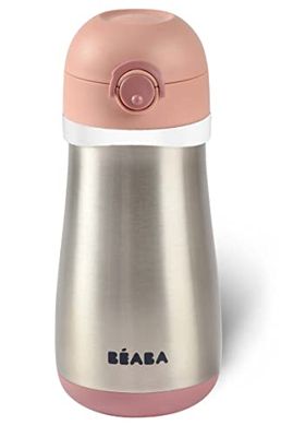 BÉABA, Cantimplora/Vaso Infantil de Acero Inoxidable 2 en 1 con Pulsador para Facilitar la Apertura - Sólido, Saludable, Asas extraíbles, Conservación de Frío/Calor, 350 ml, Rosa