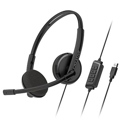 CREATIVE HS-220 USB On-Ear Headset with Noise-Cancelling Condenser Boom Mic, Inline Mic Mute/Volume Control, Plug-and-Play for Video Calls