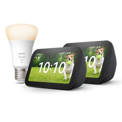 Echo Show 5 (3ª generazione) | Antracite, 2 pezzi + Philips Hue White Lampadina LED Smart (E27), compatibile con Alexa - Kit di base per Casa Intelligente