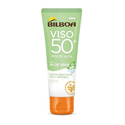 Bilboa, Solskydd Ansikte Aloe Sensitive SPF 50+, hög solkräm för känslig hud, formel med Aloe Vera, skyddar och återfuktar känslig hud, alkoholfri, vattentålig, 50 ml