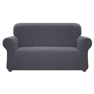 Cherrypark High Stretch Couch Cover for 2 Cushion Couch Universal Waterproof 2 Seat Sofa Covers Non Slip Sofa Slipcovers with Elastic Hem Living Room Furniture Protector (Medium, Gray)