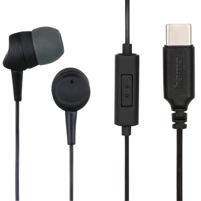 Hama Słuchawki dokanałowe przewodowe USB typ C (mikrofon, silikonowe wkładki, kabel, redukcja szumów, Assistant Google wtyczka USB-C) czarne