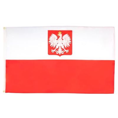 AZ FLAG - Bandera Polonia Con Aguila - 250x150 cm - Gran Bandera Polaca Con Armas 100% Poliéster Con Ojales de Metal integrados - 300g - Colores Vivos Y Resistente A La Decoloración