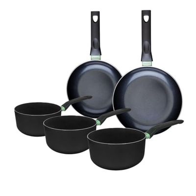 Fackelmann 9430650 Ensemble de 2 poêles de 20 et 24 cm et 3 casseroles 16, 18 et 20 cm, revêtement céramique antiadhésif, sans PFAS, tous feux, induction, four, Aluminium, Noir, Vert, 16, 18 et 20 cm