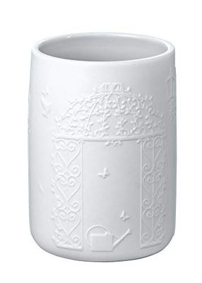 WENKO Gobelet Garden - Porte-brosse à dents pour la brosse à dents et la pâte dentifrice, Céramique, 7.5 x 10.5 x 7.5 cm, Blanc