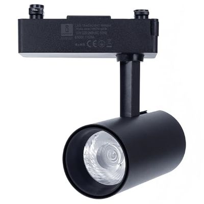 Faretto a binario LED a tre fili, colore nero, con potenza di 10 W. Ideale per l'illuminazione in negozi, gallerie e case che cercano un design moderno ed efficiente dal punto di vista energetico.