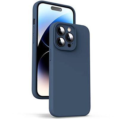 Supdeal Flytande silikonfodral för iPhone 14 Pro, [kameraskydd] [Anti-fingeravtryck] [Trådlös laddning] 4 lager telefonfodral skyddande fodral, inbyggt mikrofiberfodral, 6,1 tum, mörkblå