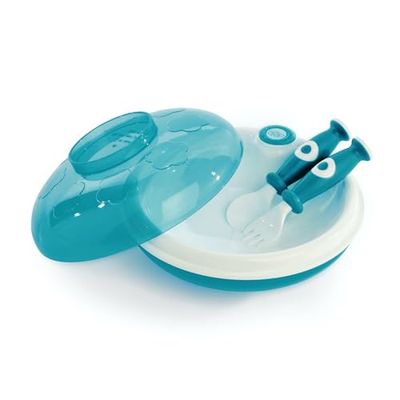 dBb Remond Assiette Bébé - Assiette ventouse - Avec Couvercle, Fourchette & Cuillère - Assiette Chauffante – Bain-marie - DME - Turquoise