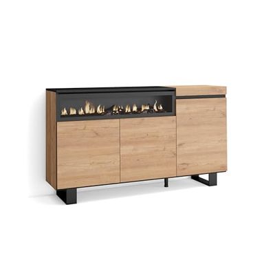 Skraut Home | Dressoir, Opbergkast | Buffetkast, Sideboard | 150x87x35cm | 3 Deuren | Elektrische haard | Industrieel design | Moderne stijl | Eiken/Zwart