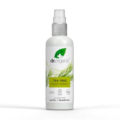 Dr Organic Tea Tree Spray per piedi, deodorante, purificante, ad asciugatura rapida, senza alluminio, con olio di menta piperita naturale, vegano, cruelty-free, senza parabeni e SLS, certificato