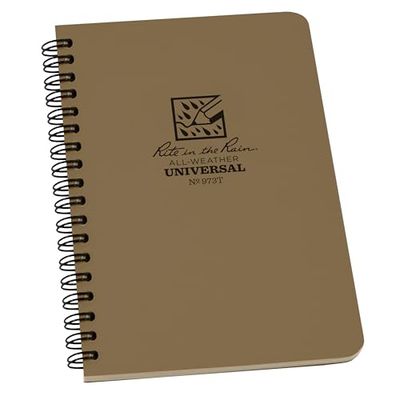 Rite In The Rain Waterproof Paper Side Spiral Notepad Tan Polydura Cover 64 Pages 12 Sheets Imperial and Metric Rulers, 4 ⅝ x 7- Inch