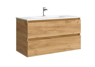 Salgar Mueble de baño Bequia 100 cm con Lavabo 100% montado de fábrica | Acabado Roble suspendido 2 cajones Cierre amortiguado Apertura con uñero | Lavabo Porcelana Blanca | Marca