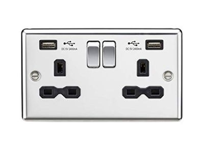 Enchufe conmutado 13A 2G con cargador USB dual A + A (2.4A) - Cromo pulido con inserto negro