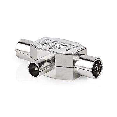 NEDIS Satelliet- en antenneadapter, coax-stekker, 2 x coax-bus, vernikkeld, 75 ohm, T-splitter, metaal, zilver, 1 stuks, plastic zak, zilver