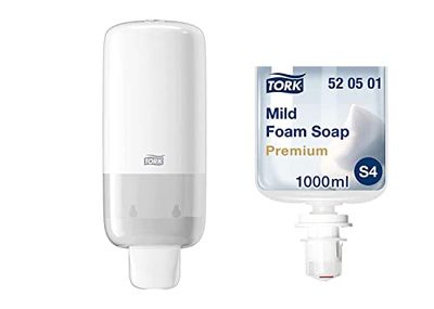 Tork Distributeur de Savon Mural pour Savon Mousse et Désinfectant pour Les Mains - Système Distributeur S4 Économique et Anti-Fuites, Blanc + Savon Mousse Doux, 1 x 1000 ML