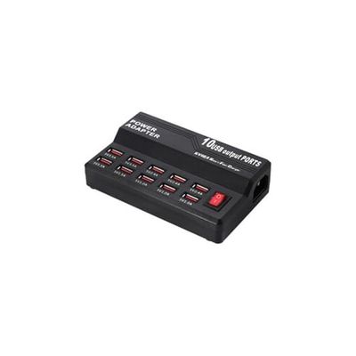 Cargador de 10 puertos USB, 5VDC/60W, ideal para cargar múltiples dispositivos simultáneamente en hogares y oficinas.