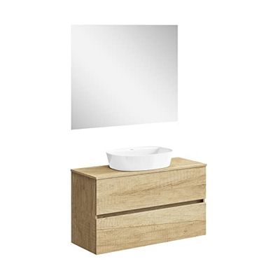 Baikal Mueble de Baño Onyx. Mueble MONTADO, Mueble 2 cajones. Mueble Baño con Lavabo. Mueble Suspendido. Armario de Pared. Lavabo Cerámico. Incluye Espejo. 100cm Nature.