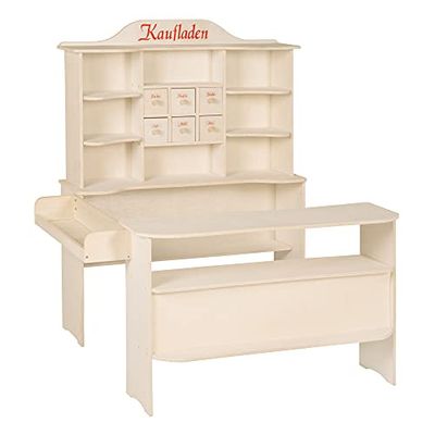roba Grande loja de brinquedos para crianças em madeira - supermercado com 8 compartimentos e 6 gavetas - amplo stand de venda com 2 balcões - natural