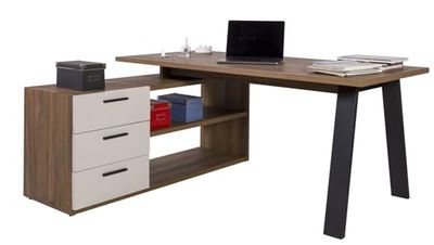 Composad | Bureau d'angle avec 3 tiroirs et 2 compartiments ouverts de la ligne LAPIS, moderne et élégant, pour bureau, porte PC, (LxHxP) 171,5 x 74,7 x 143,5 cm, noyer brera et cachemire, fabriqué en