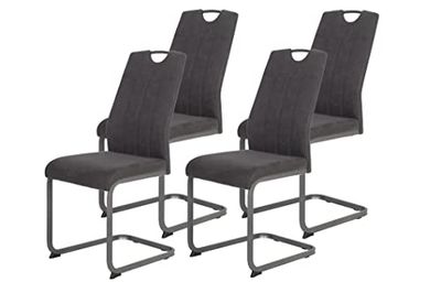 Apollo Christina, set van 4 eetkamerstoelen, schommelstoel, microvezel, vintage look, antraciet, metalen frame, grijs, rugleuning met handvat
