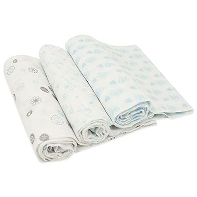 Duffi Baby - Bedrukte mousseline 3-delige set, 100% katoen, zacht en huidvriendelijk, motief olifanten, harten en bloemen, uniseks, blauw 0825-12