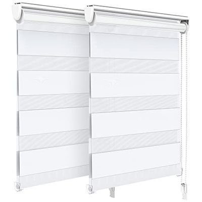 VOUNOT Set of 2 Zebra Roller Blind Double Fabric, Day and Night Translucent or Blackout Vision Curtains, No Drilling for Window and Door, White, 55 x 150 cm