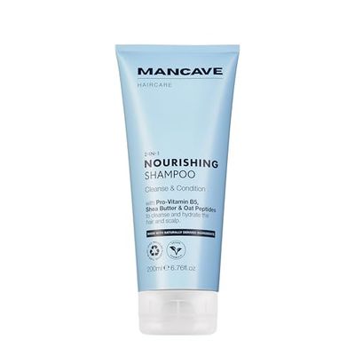 ManCave Nourishing 2-in-1 Shampoo 200ml, Strengthens & Hydrates Hair, Gentle Cleanse with Panthenol, Shea Butter, Argan Oil & Oat Peptides, Made in UK, PCR Packaging