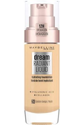 Maybelline Foundation, Dream Radiant Liquid Hydrating Foundation with Hyaluronic Acid and Collagen, Lightweight, Medium Coverage Up to 12 Hour Hydration, 24 Golden Beige, 30 ml (Pack of 1)