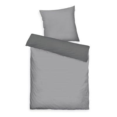 TOM TAILOR Satin-Bettwäsche, 60 x 80 cm + 140 x 200 cm, 100% Baumwolle/Satin, mit Doppelnaht am Kissen, Wendemotiv und Markenreißverschluss, TWO-Tone Solid Colours Grey (Moody Grey)