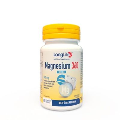 LongLife® Magnesium 360 Relax | Cycle du sommeil et relaxation | 5 sels de magnésium à haute biodisponibilité | Mélatonine et extraits de passiflore et mélisse | 60 comprimés | Sans gluten