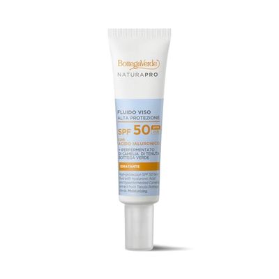 Bottega Verde - Fluido Viso Alta Protezione SPF 50, 25 ml, Arricchita con Acido Ialuronico e Iperfermentato di Camelia, Azione Idratante e Protettiva, Texture Leggera, per Tutti i Tipi di Pelle
