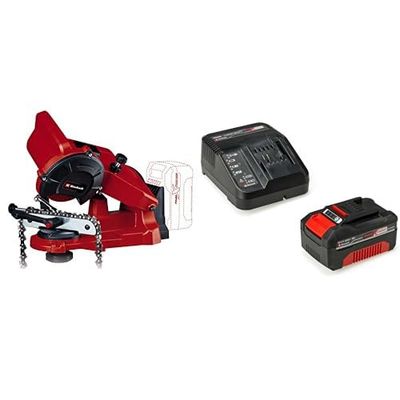 Einhell 4499940 Afilador de cadenas + 4512042 Kit con Cargador y batería de repuest, tiempo de carga: 60 Minutos