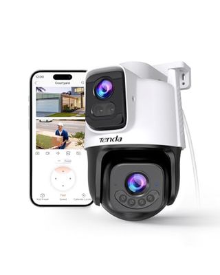 Tenda Telecamera Wi-Fi Esterno 2K+2K,360° PTZ Videocamera Sorveglianza Esterno con Doppia Lente,FHD Tracciamento Automatico,IP66, Visione Notturna a Colori, Audio Bidirezionale,Rilevamento veicoli CH9