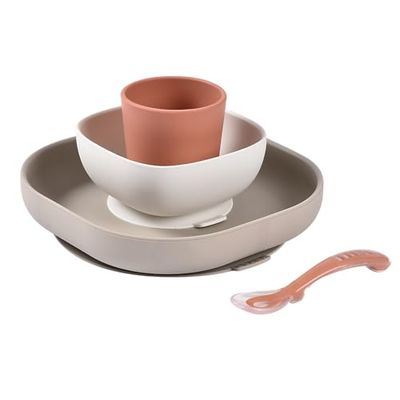 BEABA, Set Pappa In Silicone Per Bambini, Con Ventosa, Antiscivolo, 4 Pezzi, Piatto + Ciotola + Bicchiere + Cucchiaio, Silicone Sicuro E Resistente, Adatto A Lavastoviglie E Microonde, Terracotta