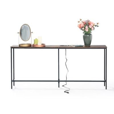 HOMYLIN konsolbord med laddningsstation, 180 cm smalt soffbord med uttag och USB-portar, retrostil entrébord för hall, vardagsrum, 180 x 20 x 80 cm, brunt