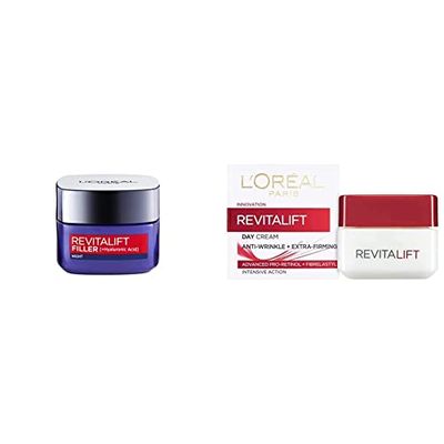L'Oreal Revitalift Filler Hyaluronic Acid Anti-Ageing Night Cream 50 ml & Paris Revitalift Anti-Ageing + Firming Pro Retinol Day Cream, Anti Wrinkle Face Cream 50 ml