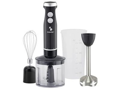 BEPER P102FRU151 4-in-1 Immersion Blender, Multifunction Mixer with 500ml Chopper, Whisks, 700ml Glass, 4 Stainless Steel Blades, Turbo & Pulse Blender, Removable Accessories, 1000 W