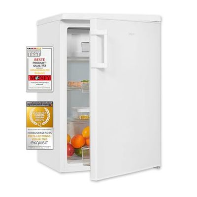 Exquisit® Frigorífico Table Top, 120L, Clase E, Color Blanco, Estantes de Cristal, Puerta Reversible, Cajón Verdulero, Regulación en Altura, Consumo 137 kWh/año, Medidas 85x56x57,5 Cm.